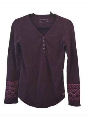 Eddie Bauer Womens S Henley Waffle Knit Shirt Maroon Aztec Design Sleeve Outdoor